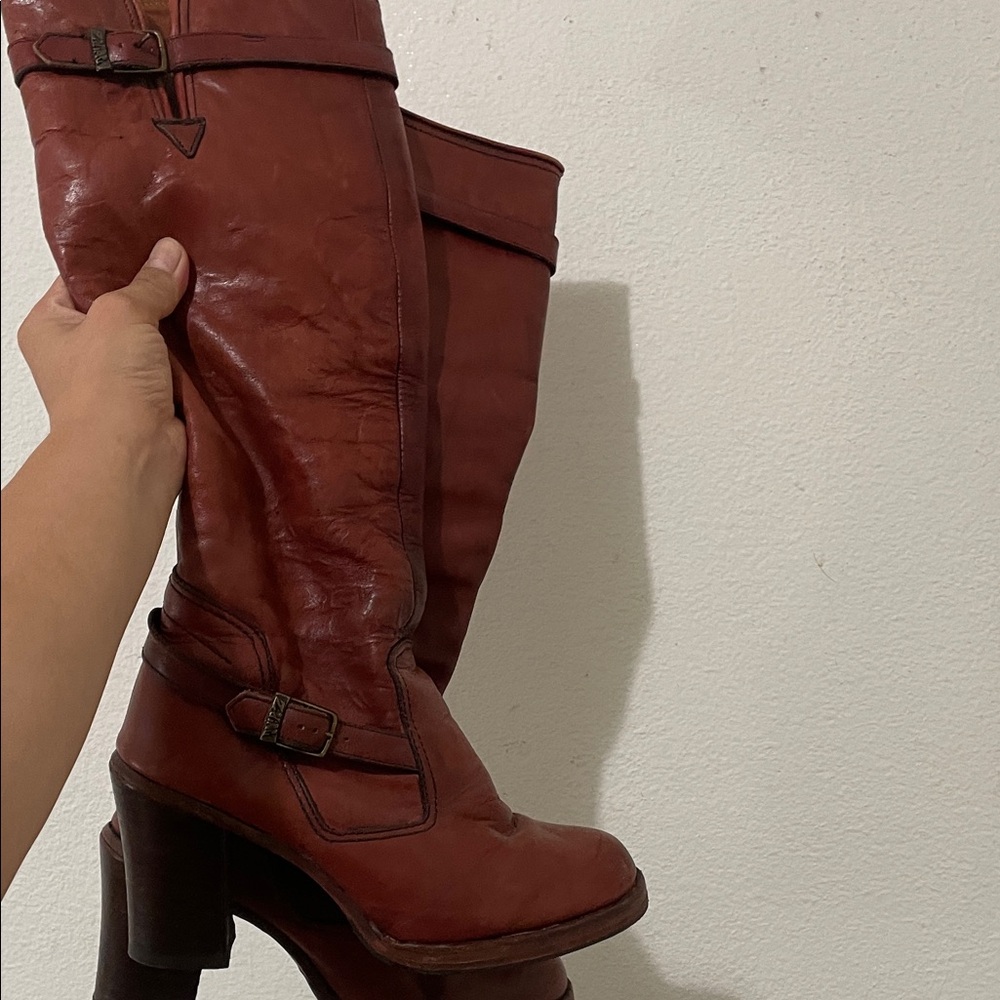 Women's Red Leather Knee-High Boots - Picture 1 of 5